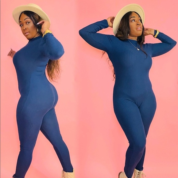 NEW FALL TRENDY NAVY BLUE LONG SLEEVE RIBBED MOCK NECK JUMPSUIT ROMPER - Picture 3 of 6